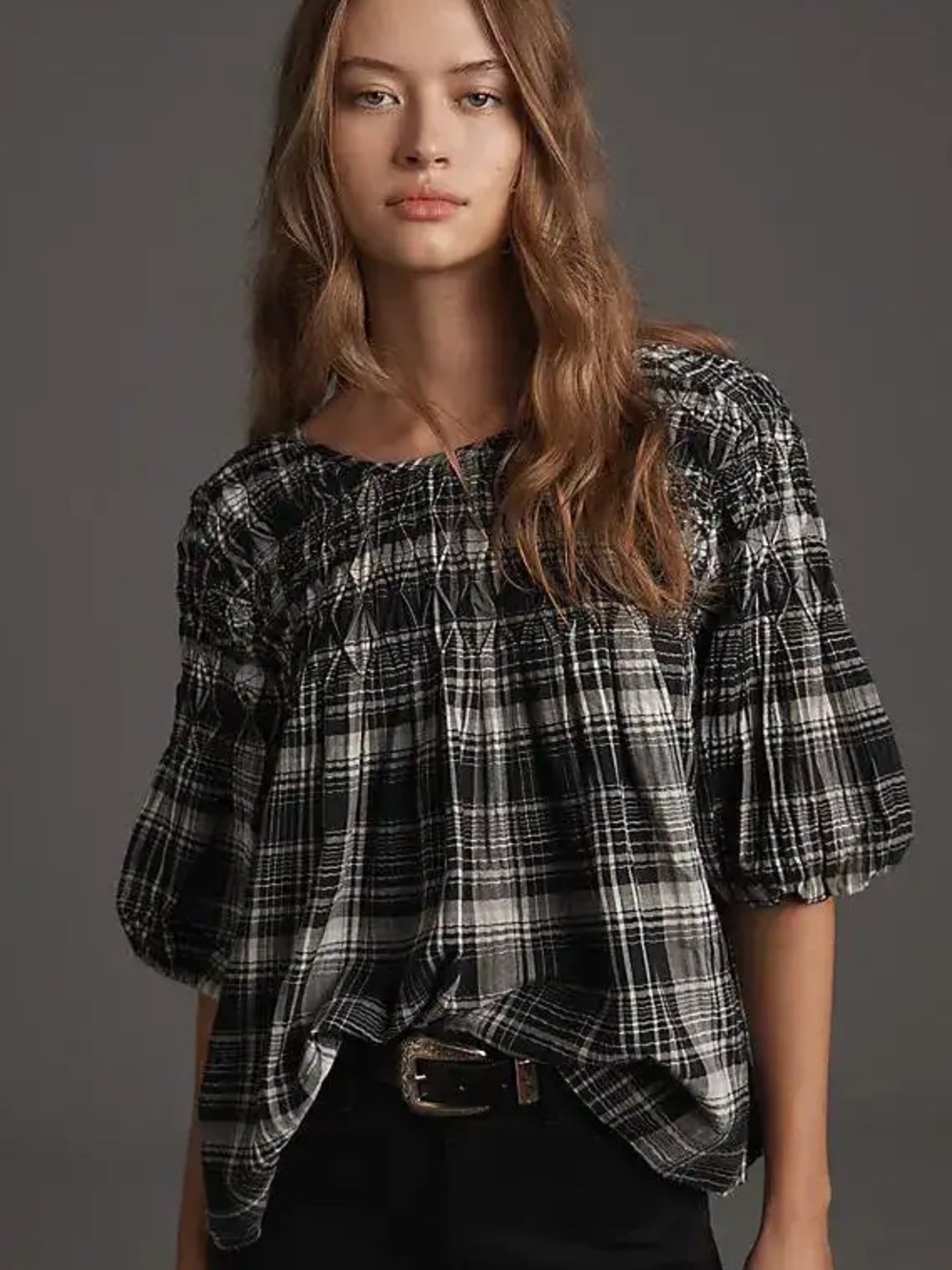Anthropologie Pilcro The Rory Smocked Babydoll Plaid Swing Top S Oversized